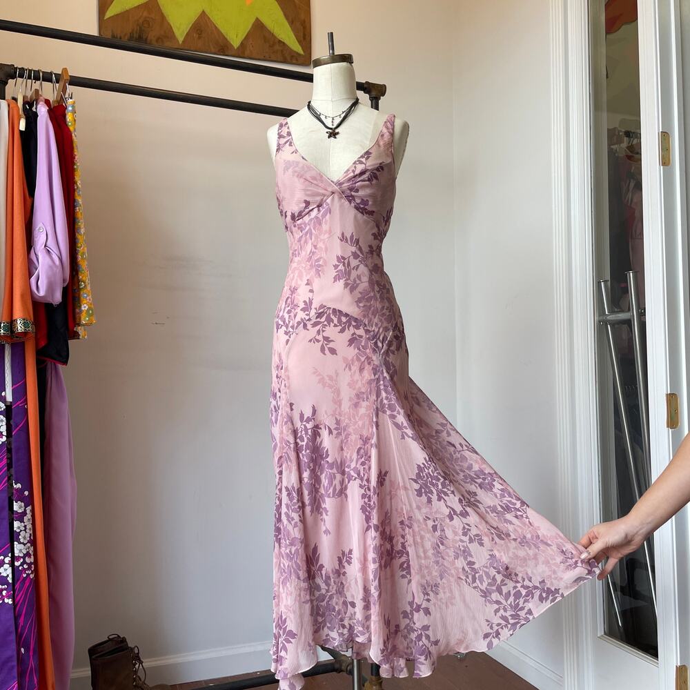 90’s 100% Silk Pink Floral Flutter Ruffle Maxi Fairy Girly Dress